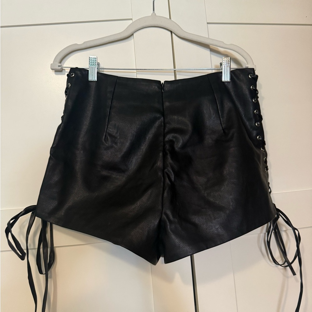 12th Tribe Black Lace-Up High Waist Leather Shorts - Picture 2 of 4